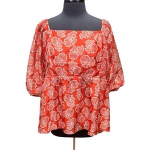 NWT Cato Red Boho Floral Square Neckline Peplum Plus Size Blouse Size 22/24